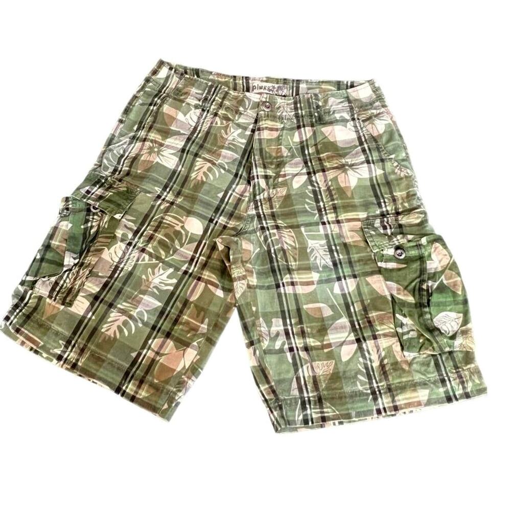 Plugg Vintage Green Plaid Cargo Shorts Mens Size 32 Utility Streetwear
